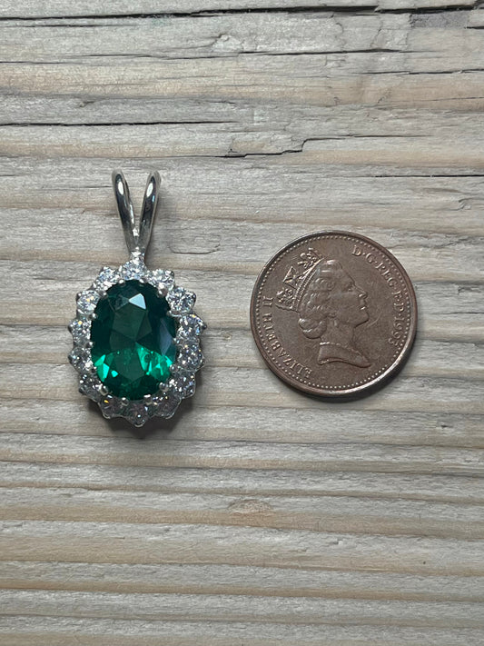 Oval Emerald Coloured Gemstone and White Stone 925 Sterling Silver Pendant