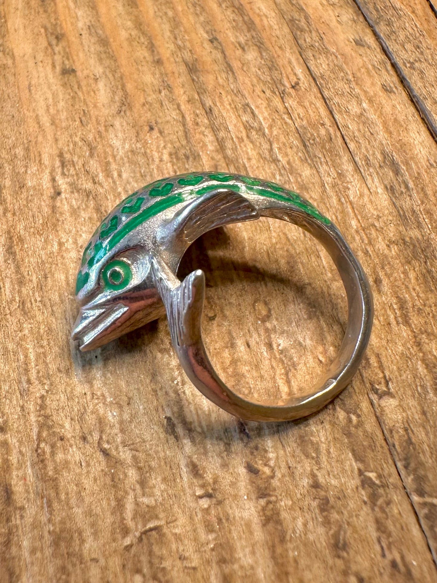 Delfin grüner Emaille-Wickelring aus 925er Sterlingsilber, Größe O1/2