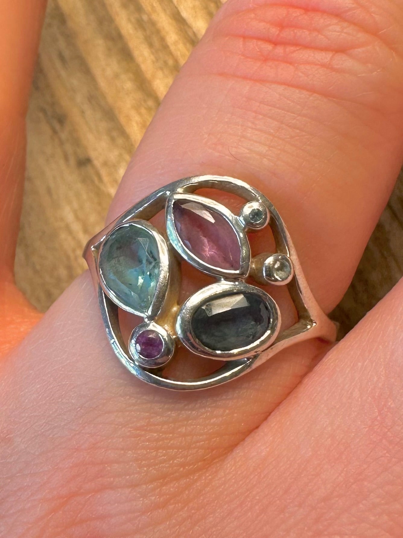 Abstrakter Multi-Edelstein 925 Sterling Silber Ring Größe L
