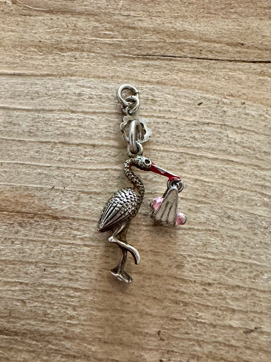 Vintage Enamel Stork with Baby 925 Silver Charm Pendant