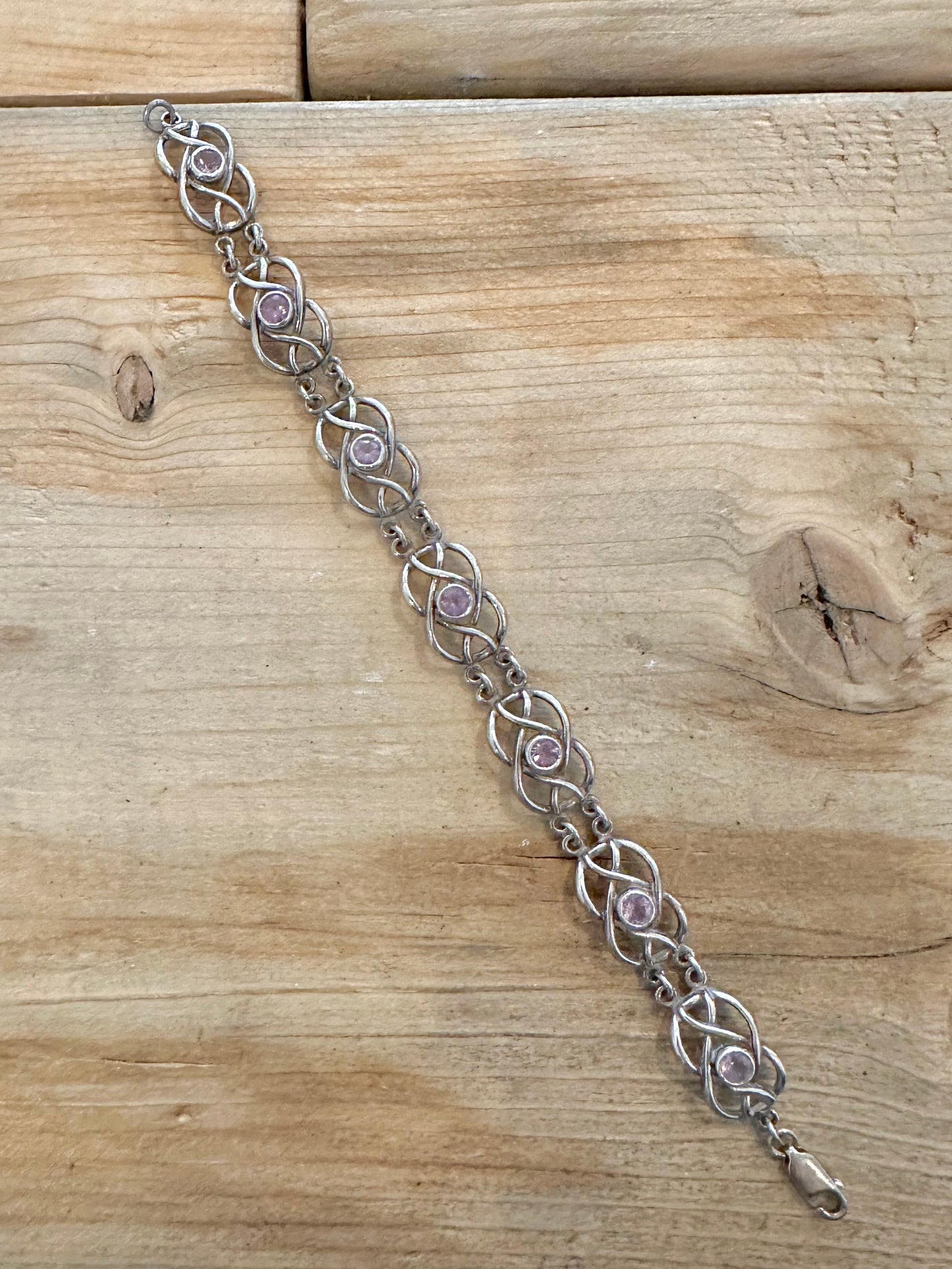 Vintage Celtic Knot Amethyst 925 Silver 7.3 inch Bracelet