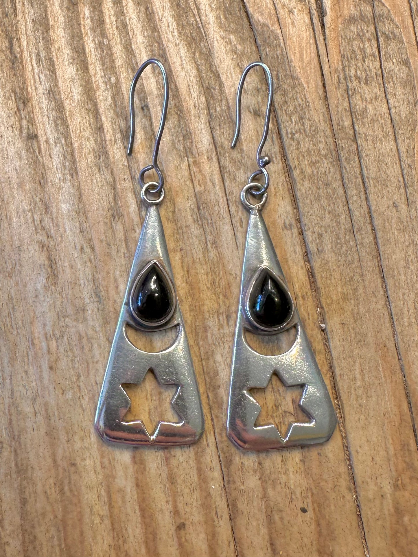 Sterne und Mond Schwarzer Stein Dreieck Hängeohrringe 925 Sterlingsilber