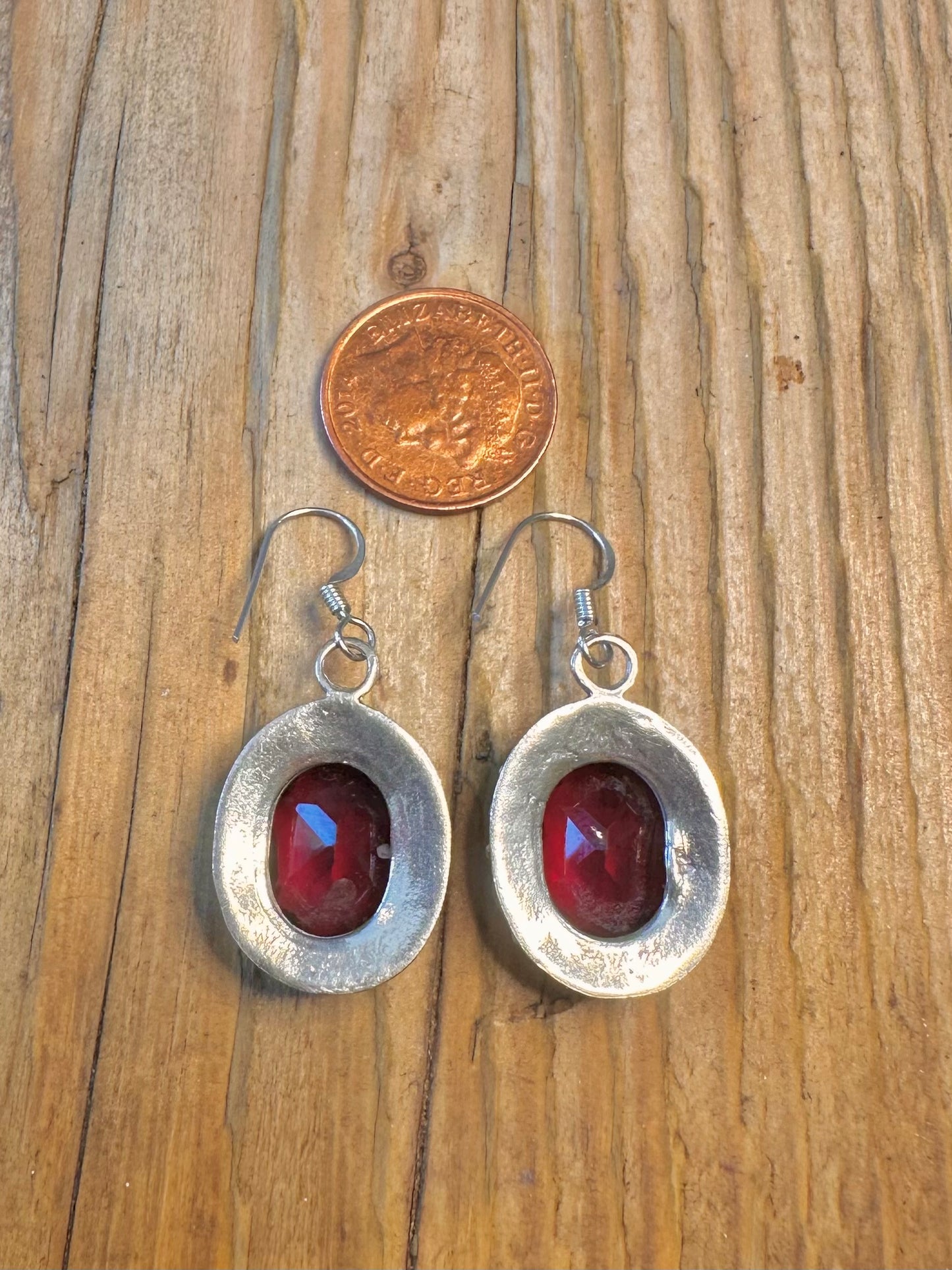 Large Faceted Red Stone Filigree Border 925 Sterling Silver Earrings