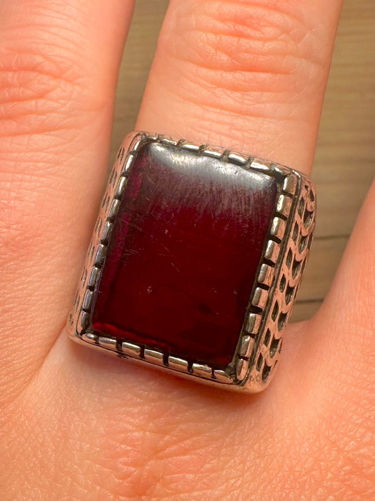 Vintage Large Red Stone Ornate 925 Sterling Silver Size Z Ring