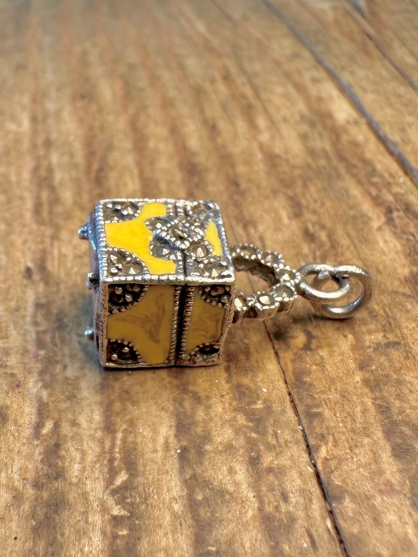 Yellow Enamel Marcasite Box Style 925 Sterling Silver Charm Pendant
