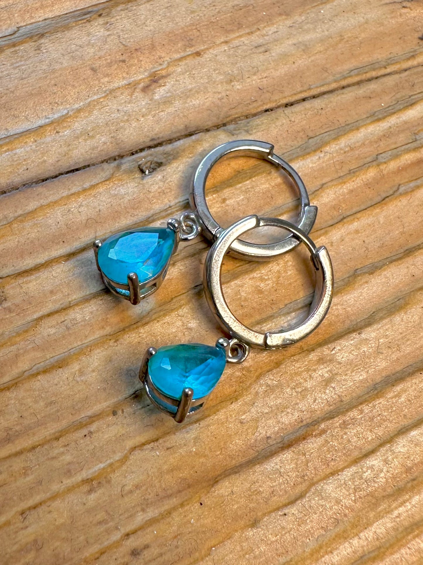 Blue Stone Dangle Hoops 925 Sterling Silver Earrings