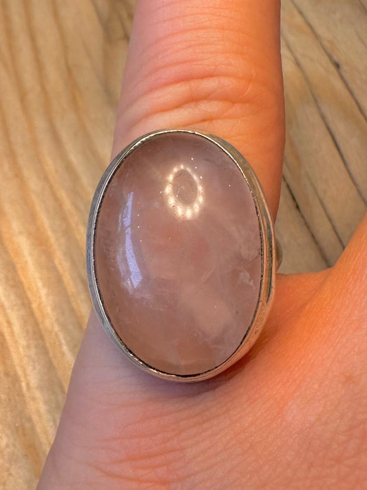 Vintage Rose Quarts Oval 925 Silver Size N1/2 Ring