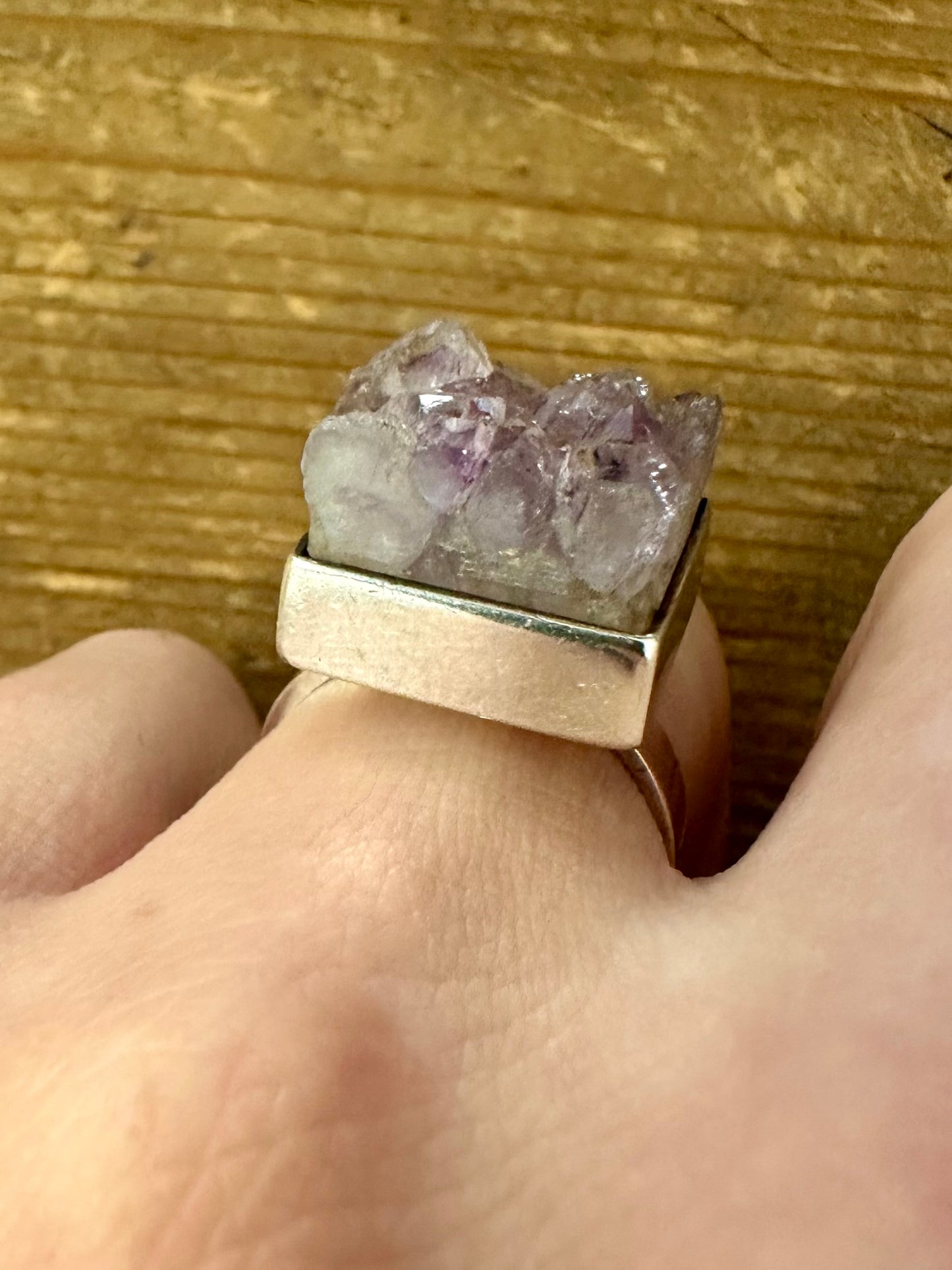 Vintage 1972 Raw Amethyst Square 925 Silver Size Q Ring