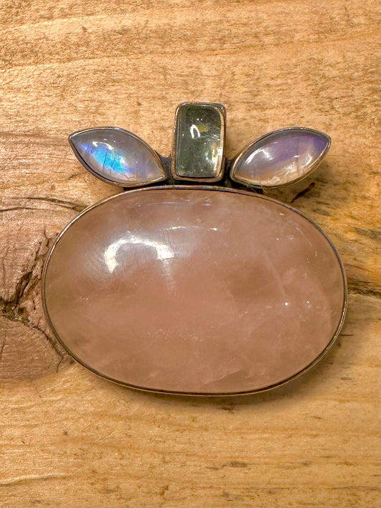 Vintage Rose Quarts and Moonstone 925 Silver Pendant