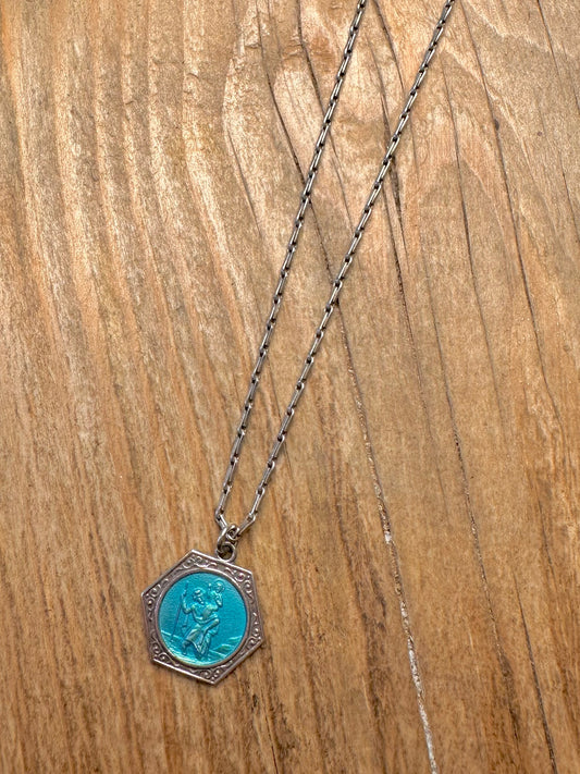 Vintage Georg Jensen Ltd Enamel St Christopher and Bar Unique Chain 925 Sterling Silver 17.5 inch Necklace