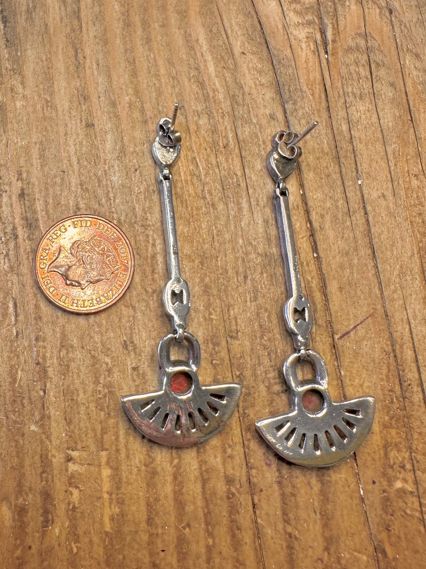 Stunning Art Deco Style Red Coral and Marcasite 925 Sterling Silver Earrings