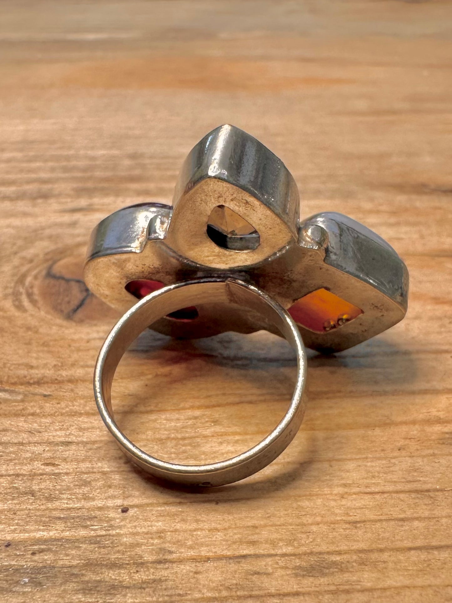 Abstract Carnelian Smokey Quarts and Banded Agate 925 Silver Size M1/2 Ring