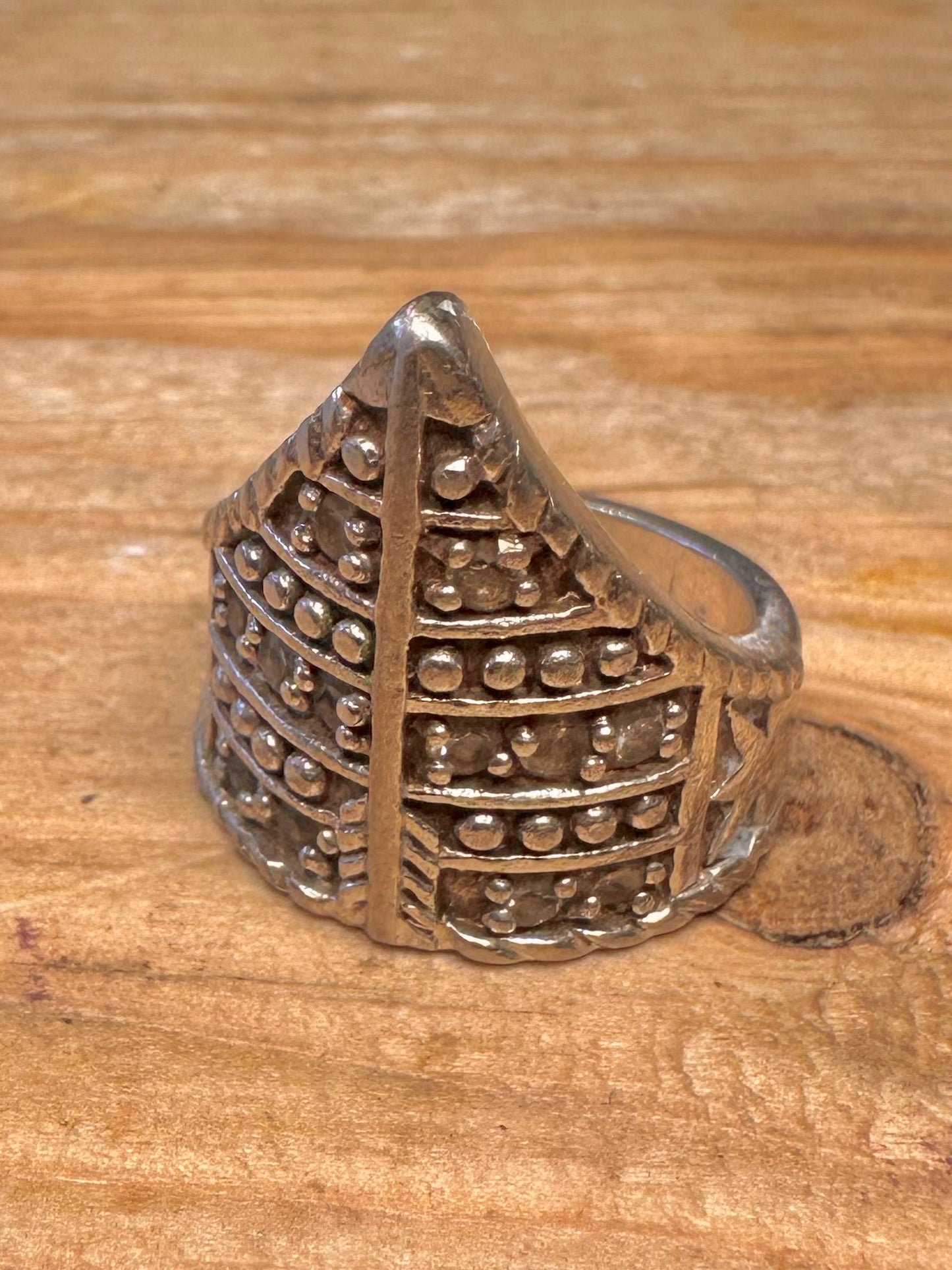 Vintage Tribal Triangle White Stones 925 Sterling Silver Size P1/2 Ring