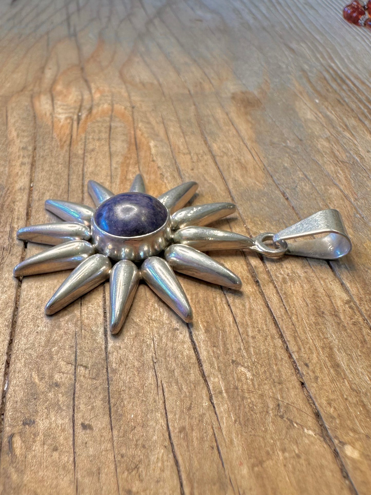 Large Vintage Lapis Sun Mexican 925 Sterling Silver Pendant