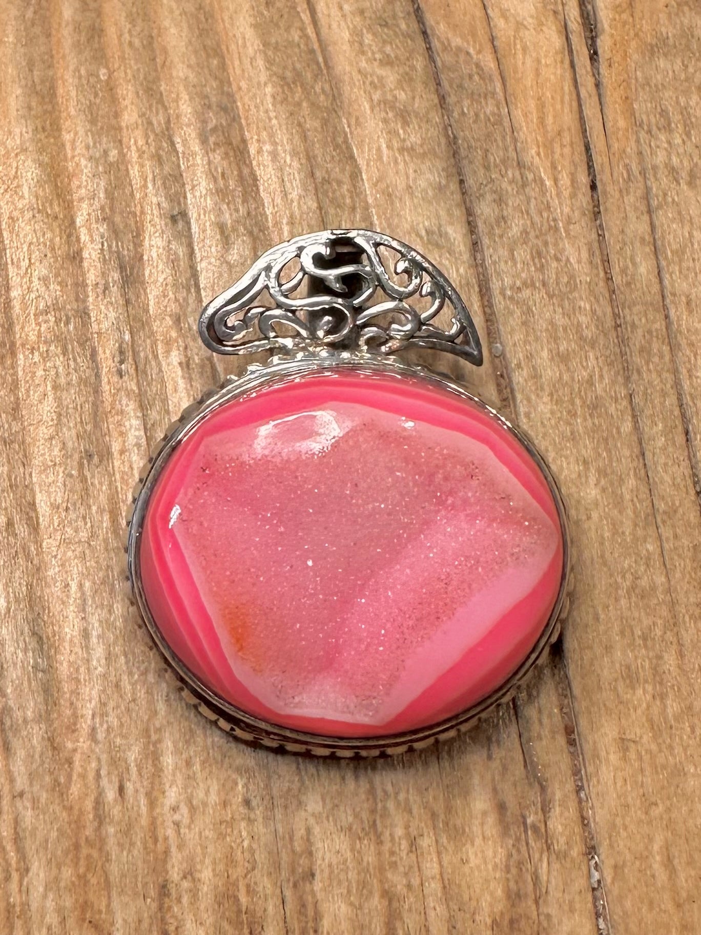 Abstract Pink Druzy Wavy 925 Sterling Silver Pendant