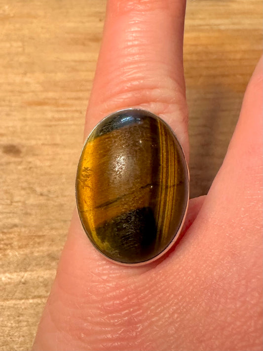 Vintage Oval Tigers Eye 925 Silver Size K Ring