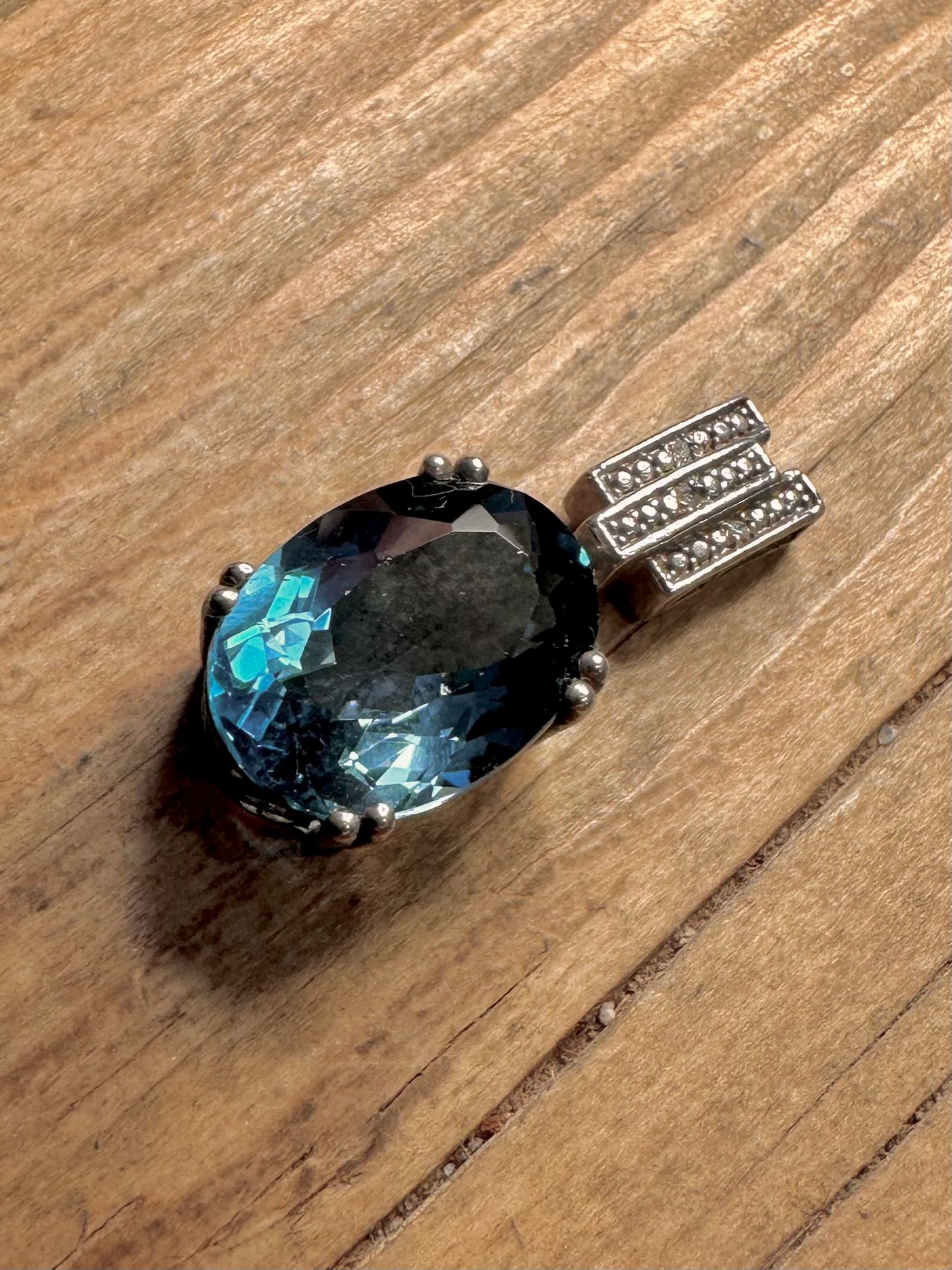 Vintage Blue Topaz and White CZ 925 Sterling Silver Pendant