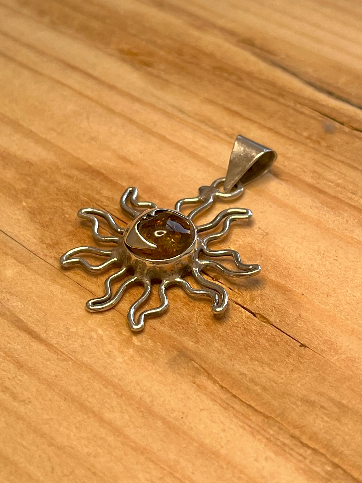 Sun and Moon Amber 925 Mexico Sterling Silver Pendant