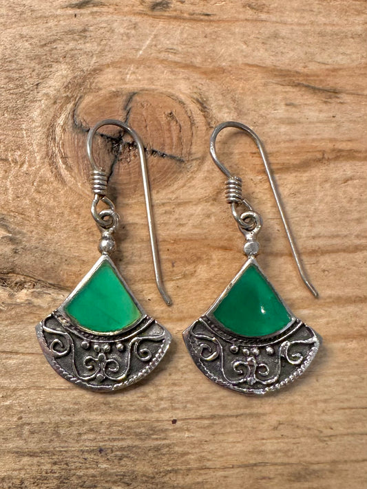 Vintage Chrysoprase Boho 925 Silver Earrings
