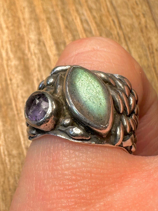 Abstract Labradorite and Amethyst 925 Sterling Silver Size N Ring