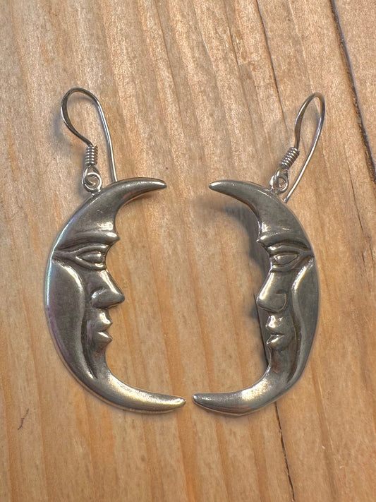 Vintage Moon Face 925 Sterling Silver Earrings