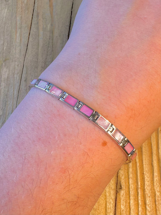 Pink Mother of Pearl Bar Link 925 Sterling Silver 7.5 inch Bracelet