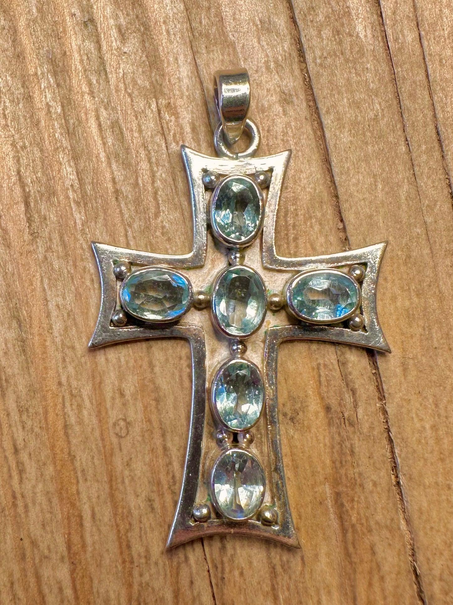 Vintage Cross Blue Topaz 925 Sterling Silver Pendant