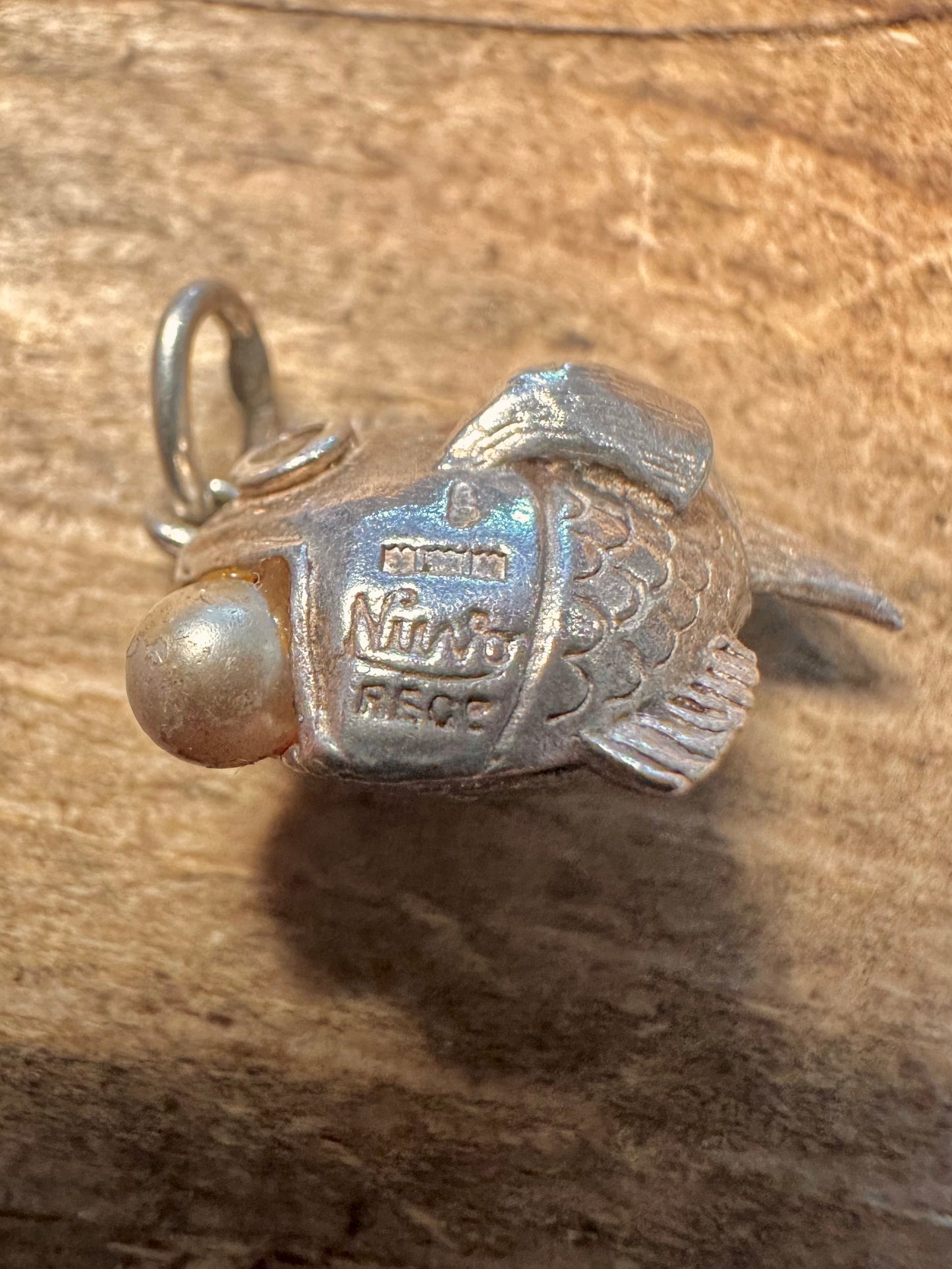 Vintage 1969 Nuvo Articulated Fish with Pearl 925 Silver Charm Pendant