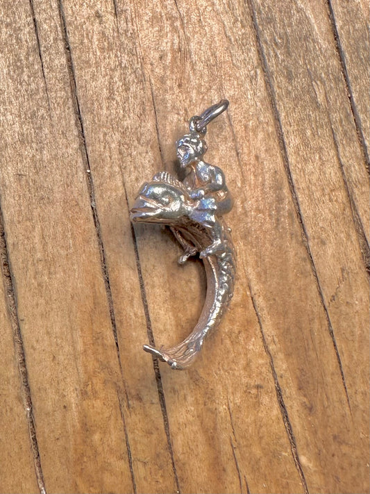 Figure Riding Large Fish 925 Sterling Silver Charm Pendant