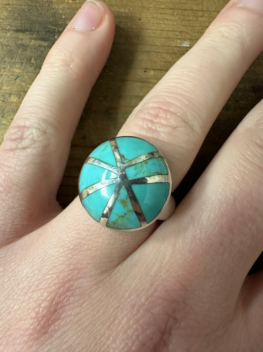 Modernist Polished Turquoise 925 Silver Size P Ring