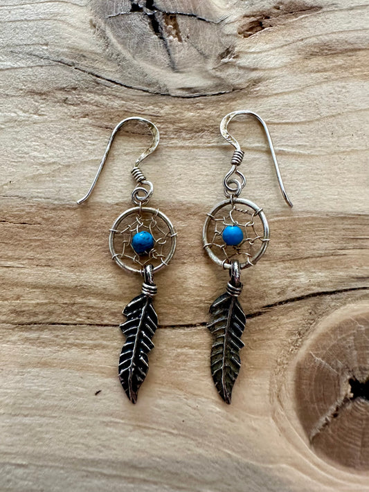 Vintage Turquoise Dreamcatcher and Leaf 925 Silver Earrings