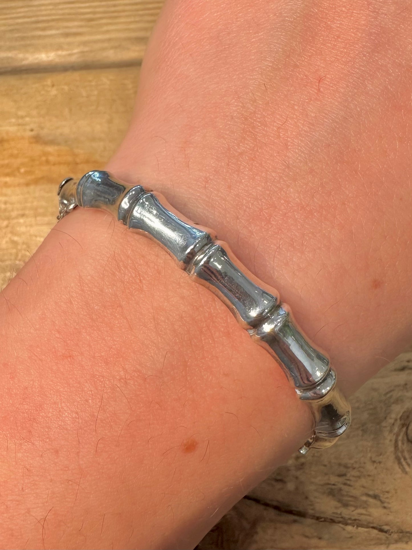 Vintage 1966 Bamboo Style with Safety Chain 925 Silver Bangle