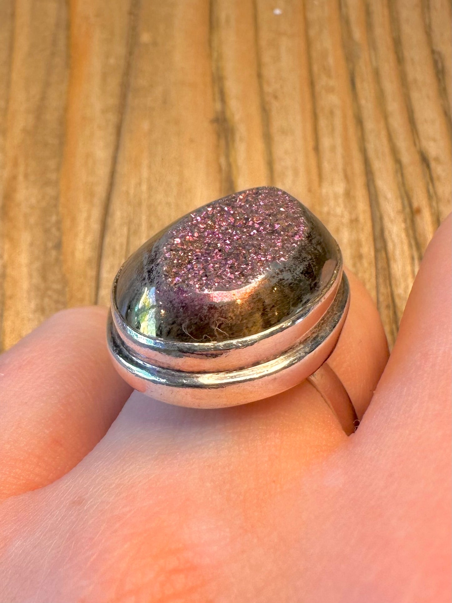 Large Oval Drusy Purple 925 Sterling Silver Size S Ring