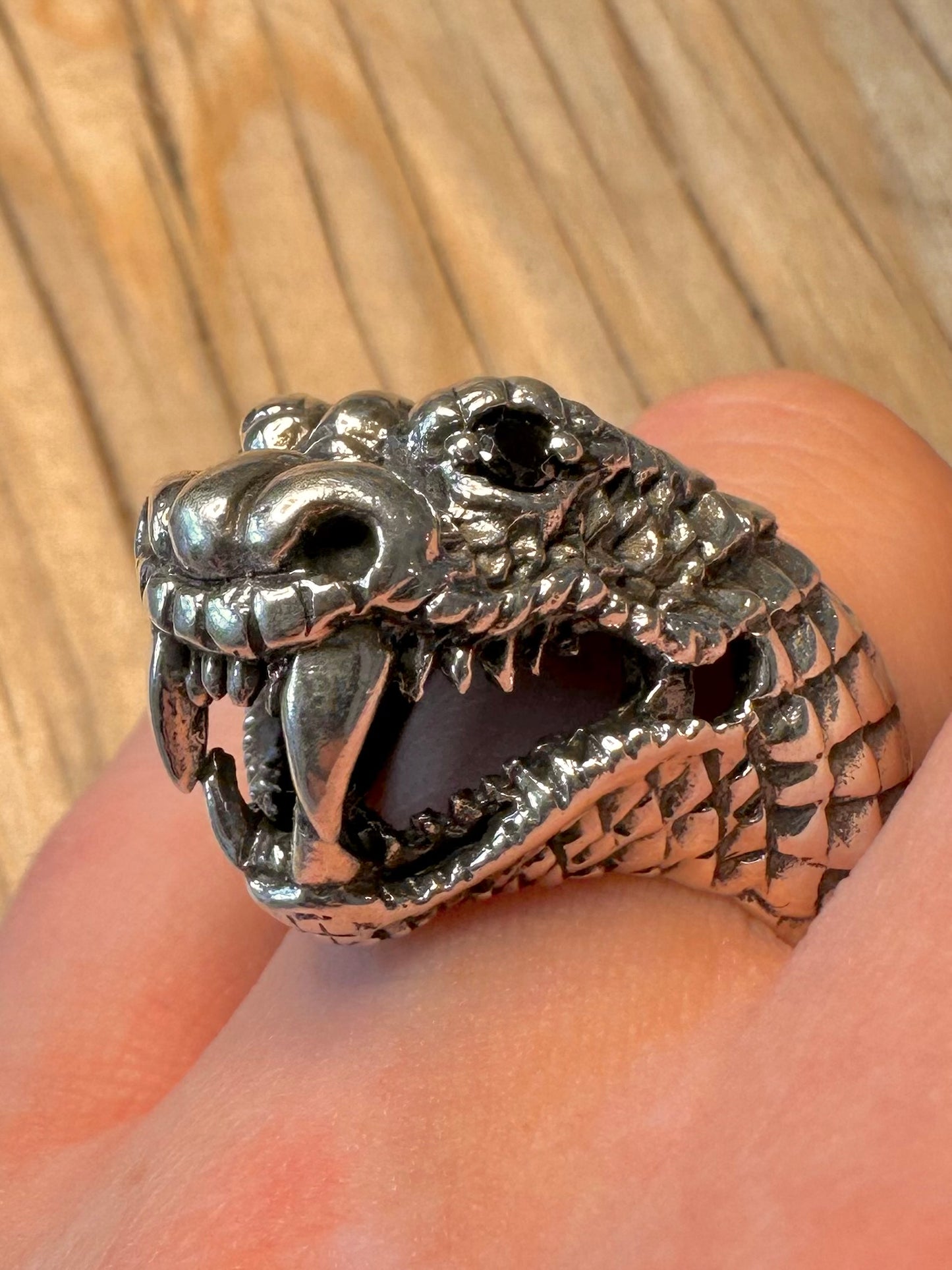 Vintage Large Cobra Snake Black Stone Eye 925 Silver Size P1/2 Ring