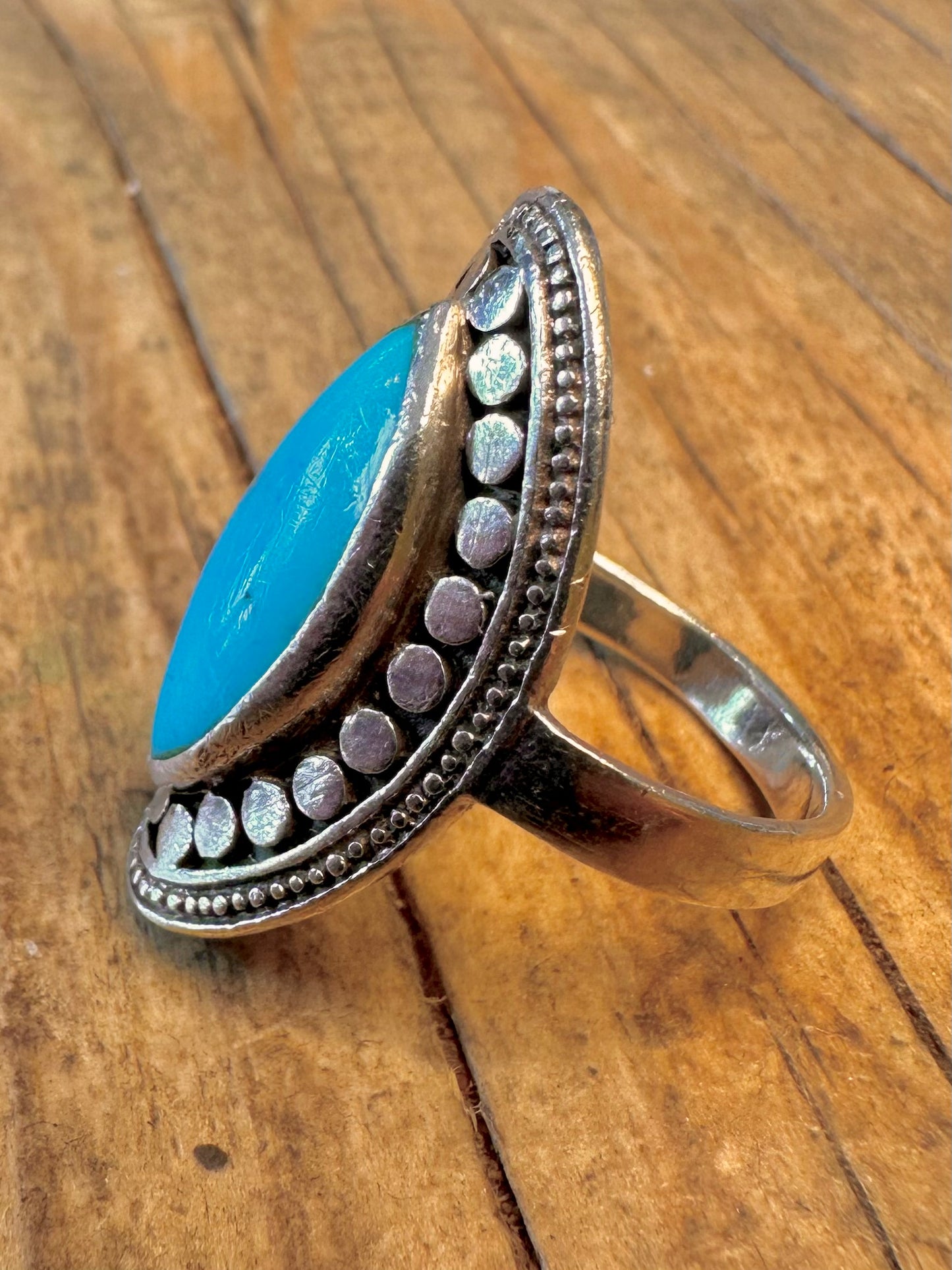 Elongated Turquoise Boho 925 Sterling Silver Size R1/2 Ring