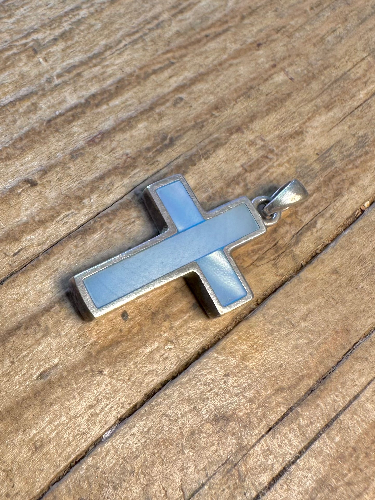 Blue Mother of Pearl Cross 925 Sterling Silver Pendant