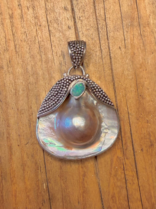 Blister Pearl and Blue Opal Textured 925 Sterling Silver Pendant