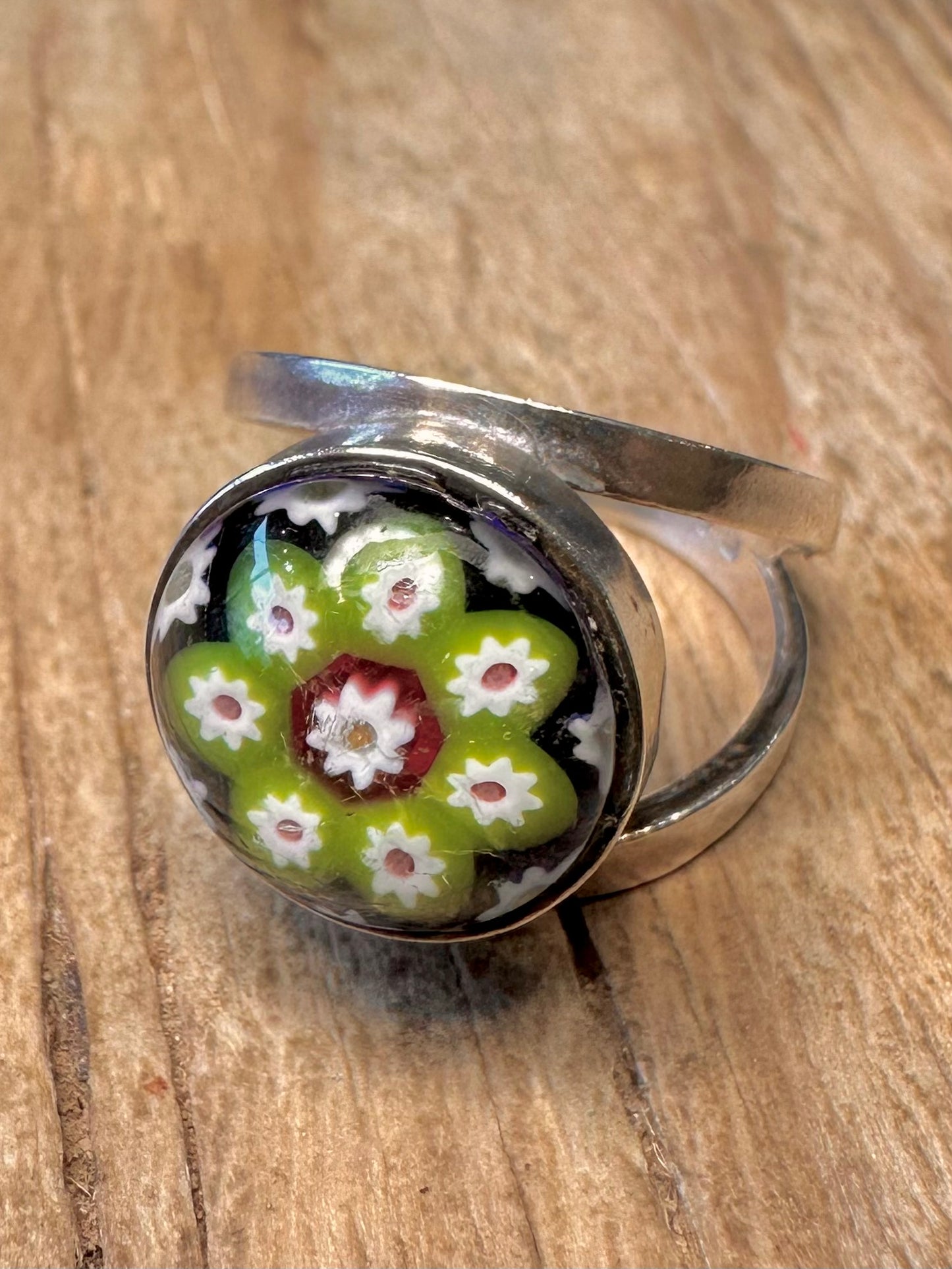 Vintage Millefleur Glass 925 Sterling Silver Size P Ring