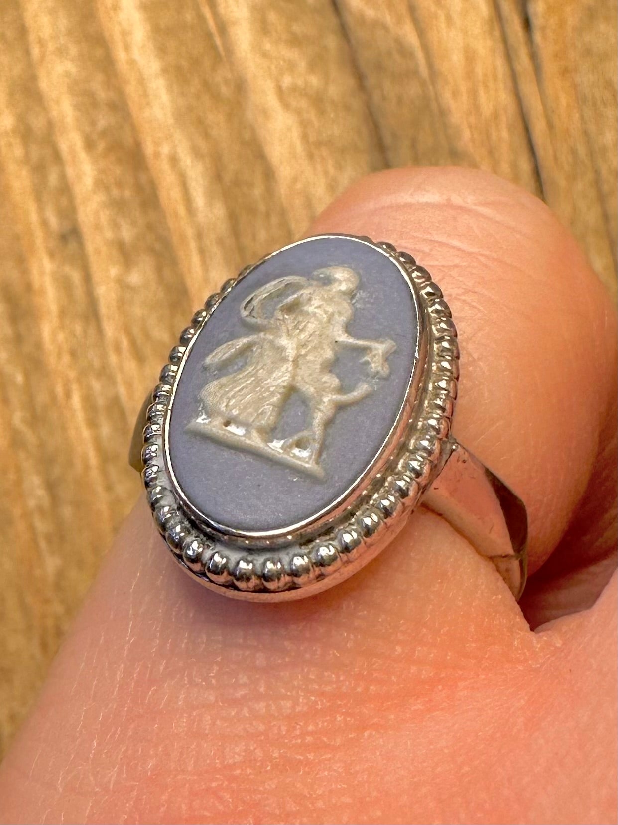 Vintage 1975 Blue Wedgwood Dancing Hours Goddess Motif 925 Sterling Silver Maker JW Size M Ring
