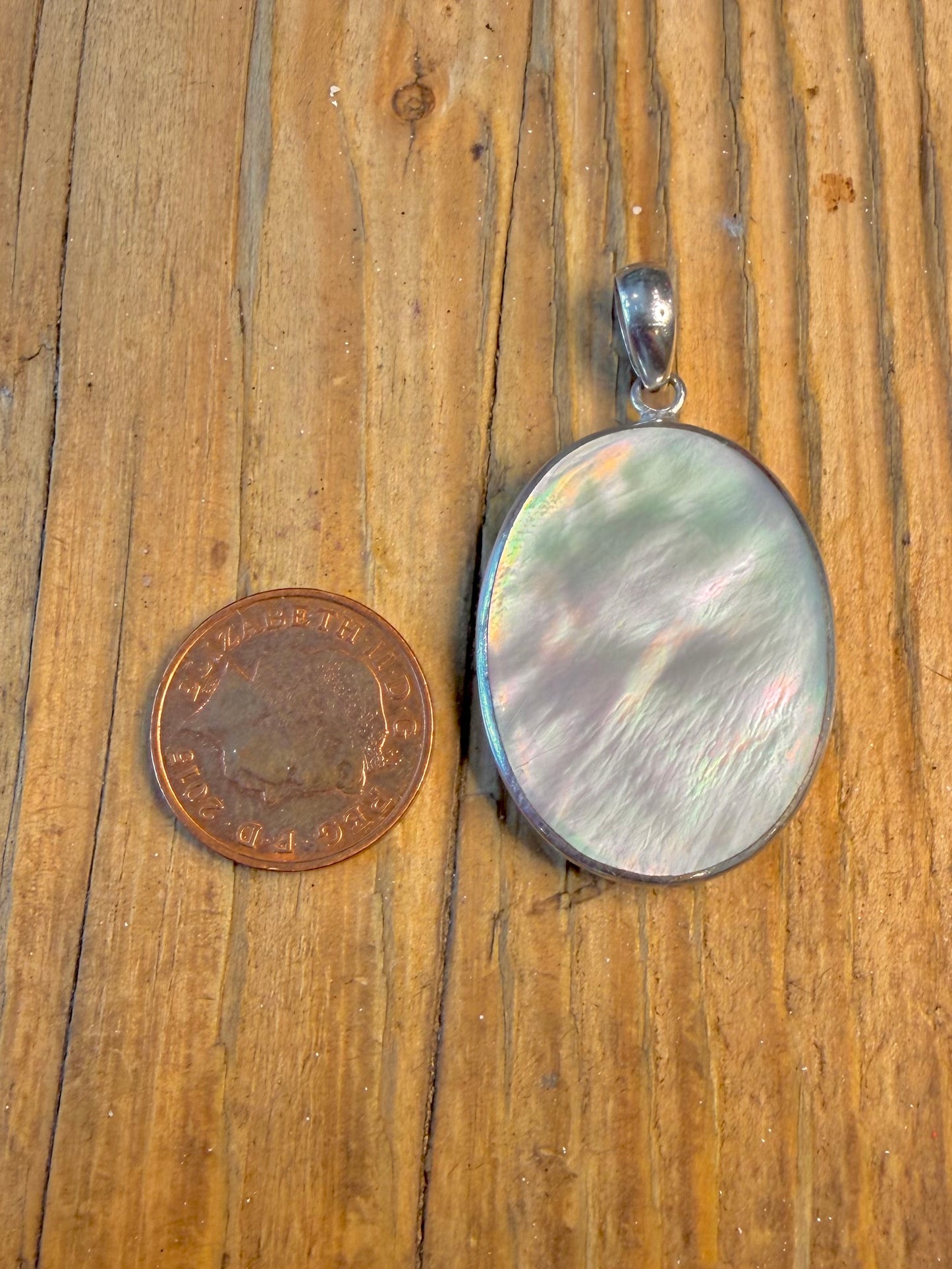 Coral and Mother of Pearl Oval 925 Sterling Silver Pendant