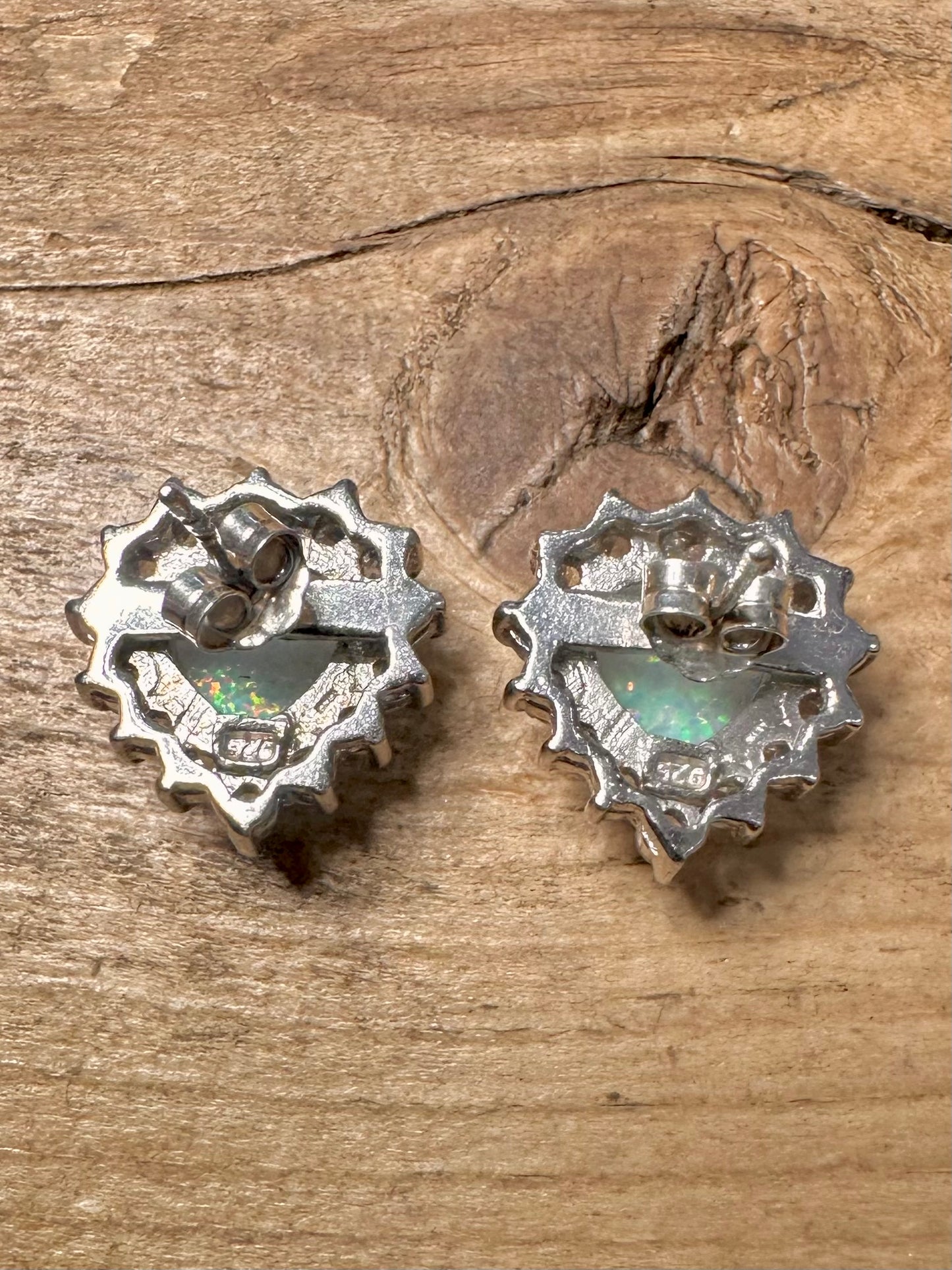 Modernist Opal and CZ Heart Shaped 925 Silver Stud Earrings