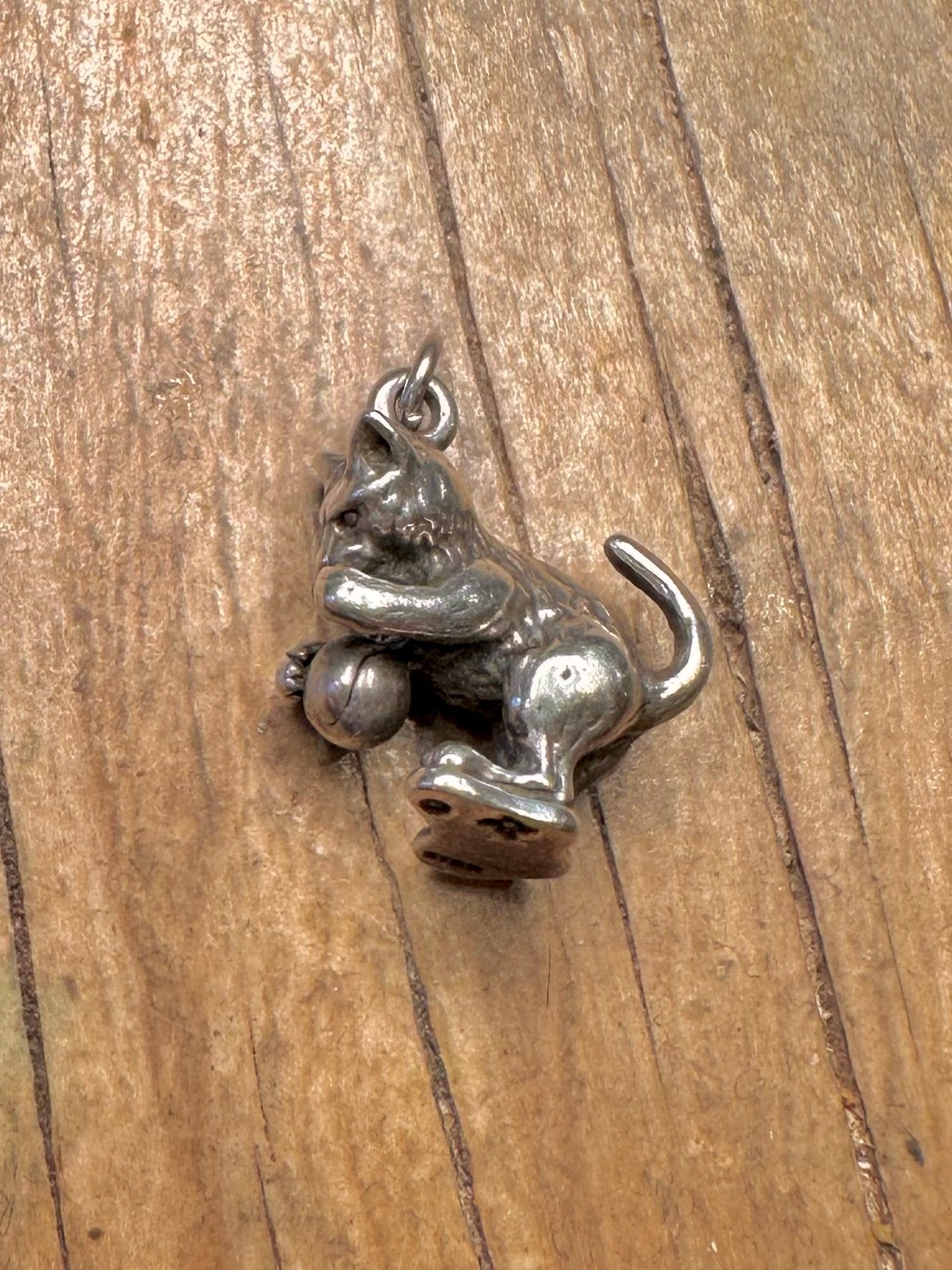 Vintage Kitten with Ball 925 Sterling Silver Charm Pendant