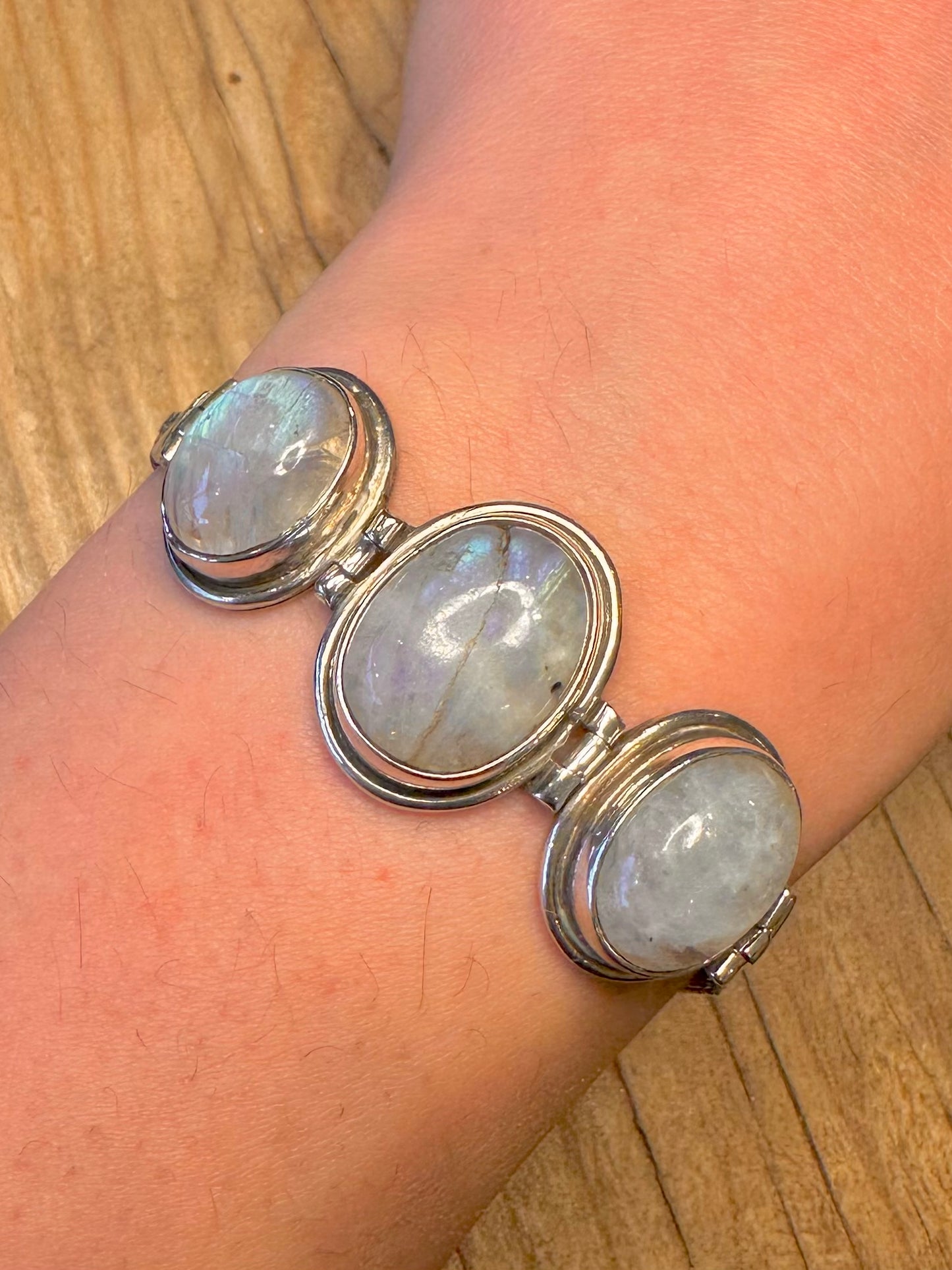 Vintage Moonstone Woven Link 925 Sterling Silver 7.1 inch Bracelet