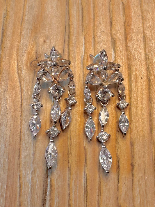 Vintage Elegant CZ Stone Dangle 925 Sterling Silver Earrings