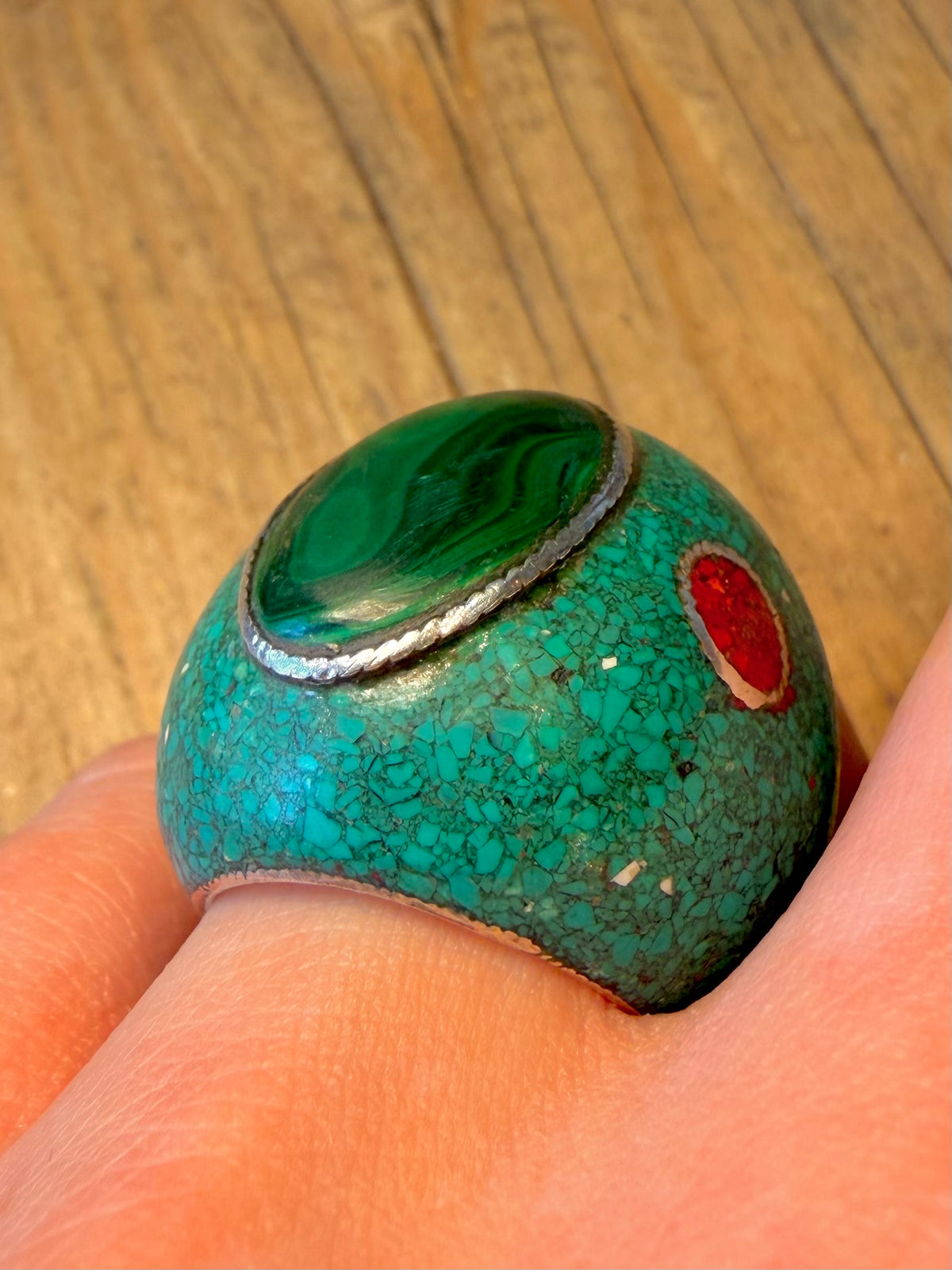 Chunky Turquoise Malachite and Coral Inlay 925 Sterling Silver Size P1/2 Ring
