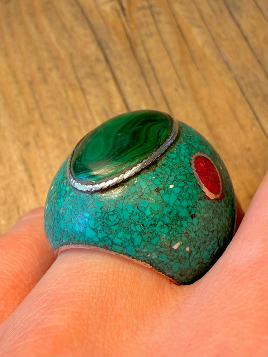 Chunky Turquoise Malachite and Coral Inlay 925 Sterling Silver Size P1/2 Ring