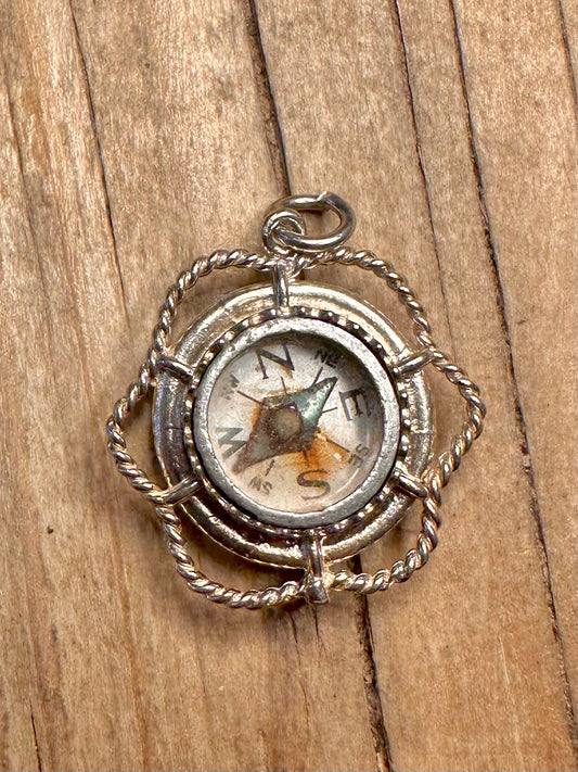 Vintage Compass Ship Engraved 925 Sterling Silver Pendant