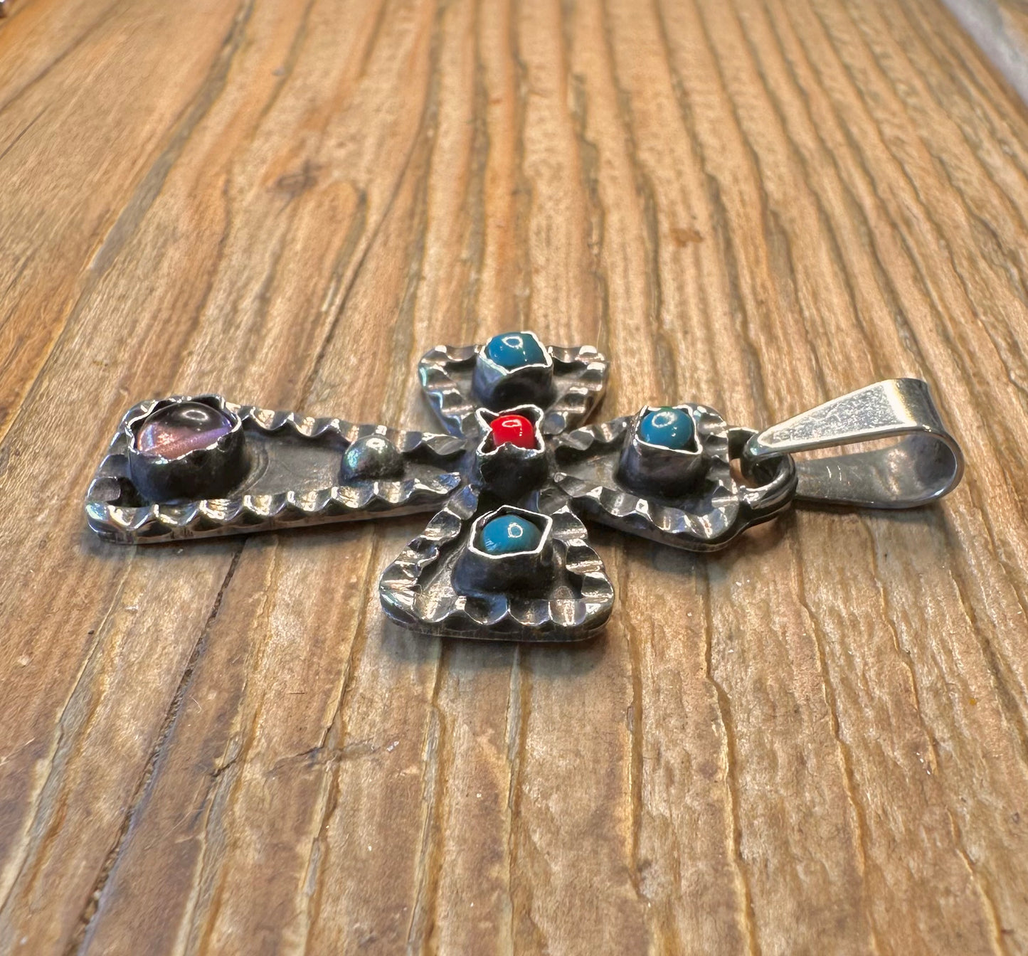 Turquoise Coral Amethyst 1994 Cross 925 Sterling Silver Pendant