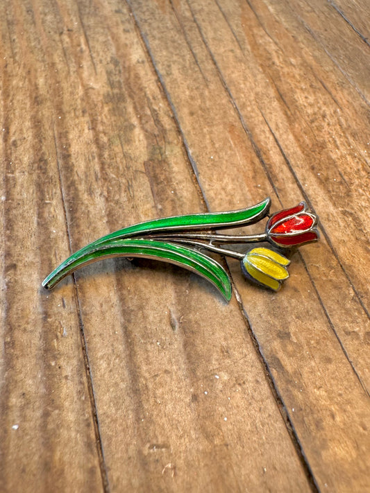 Austrian Enamel Tulip 835 Silver Brooch
