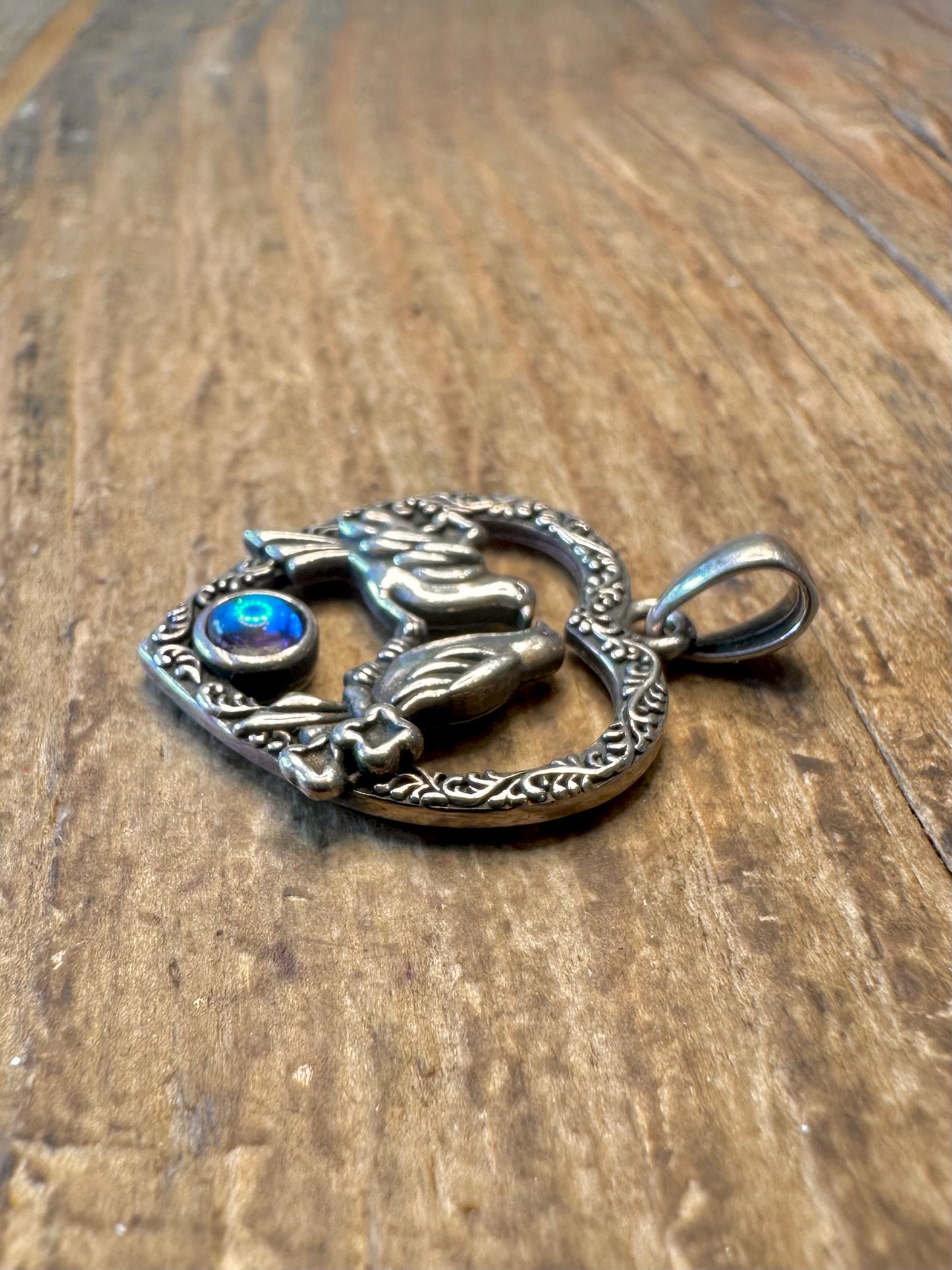 Love Birds Decorative Blue Circle 925 Sterling Silver Pendant